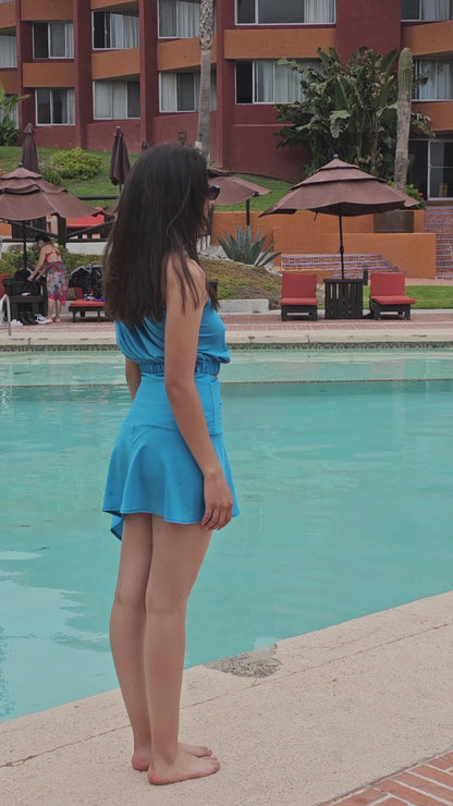 High-Rise Tummy Control Ruched Extra Mini Skirt – Adjustable Asymmetrical Drawstring Skirt Blue