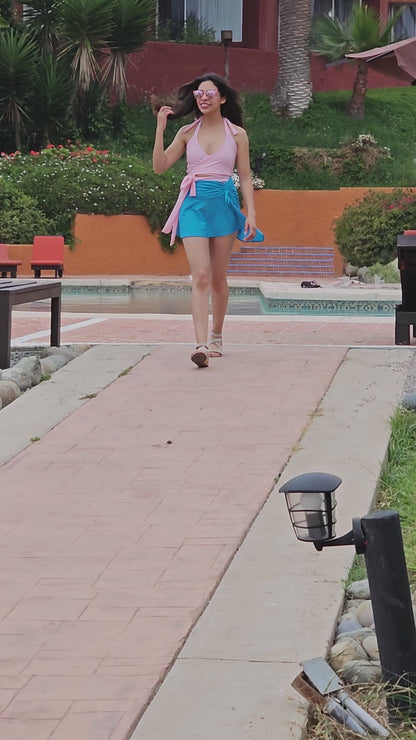 High-Rise Tummy Control Ruched Extra Mini Skirt – Adjustable Asymmetrical Drawstring Skirt Blue