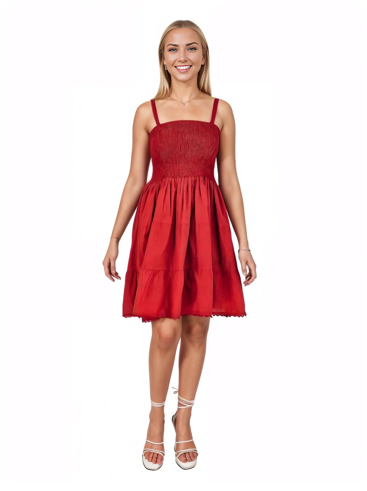 Red Cotton Spaghetti Strap Dress – Smocked Fit | Tenku Designs - Tenku Designs