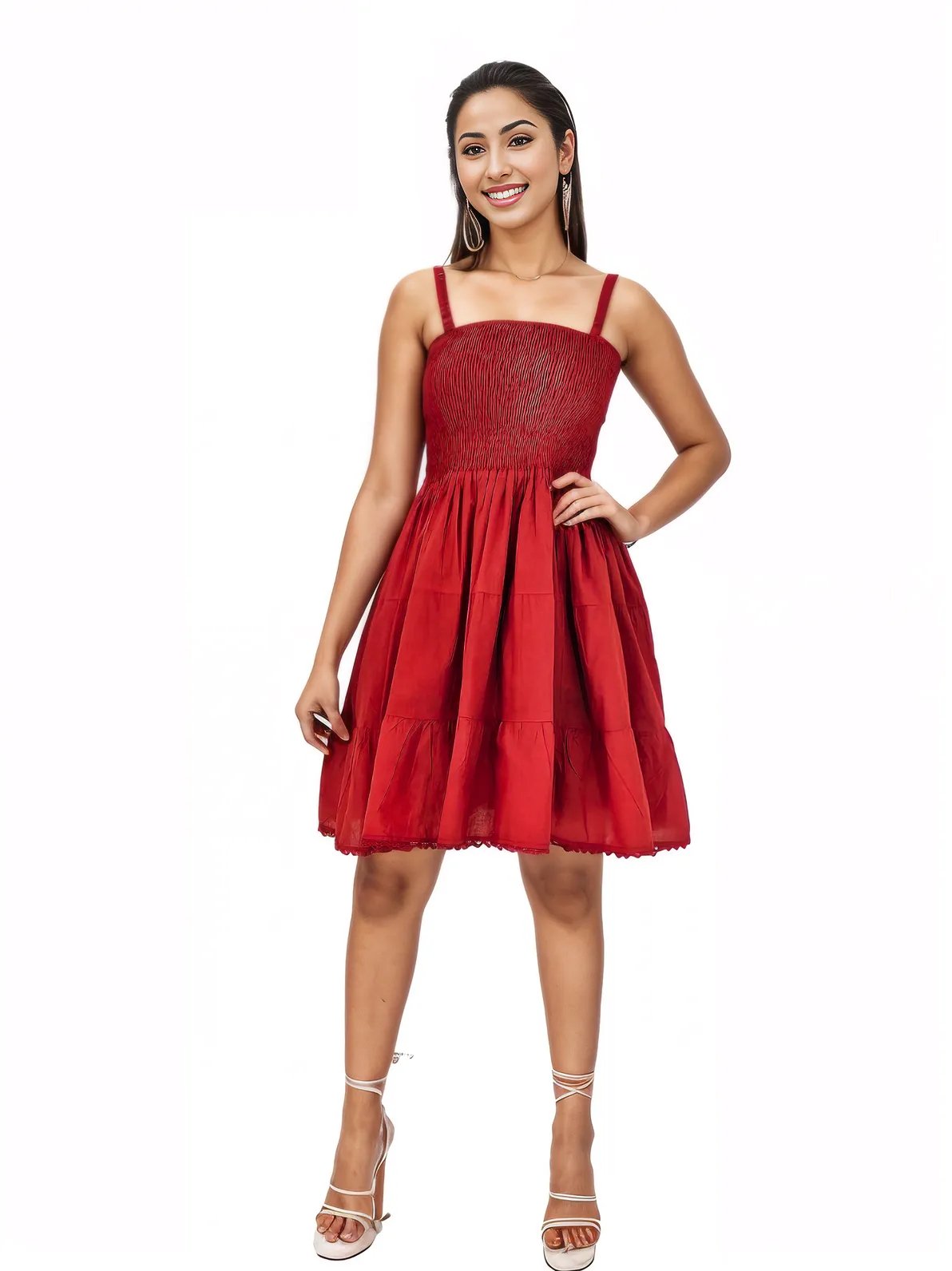 Red Cotton Spaghetti Strap Dress – Smocked Fit | Tenku Designs - Tenku Designs