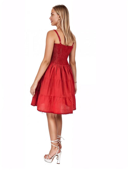 Red Cotton Spaghetti Strap Dress – Smocked Fit | Tenku Designs - Tenku Designs