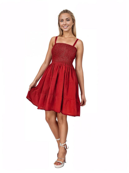 Red Cotton Spaghetti Strap Dress – Smocked Fit | Tenku Designs - Tenku Designs