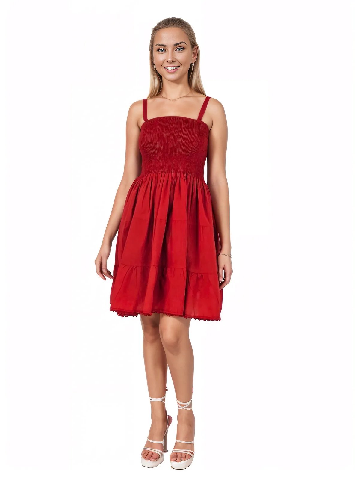 Red Cotton Spaghetti Strap Dress – Smocked Fit | Tenku Designs - Tenku Designs