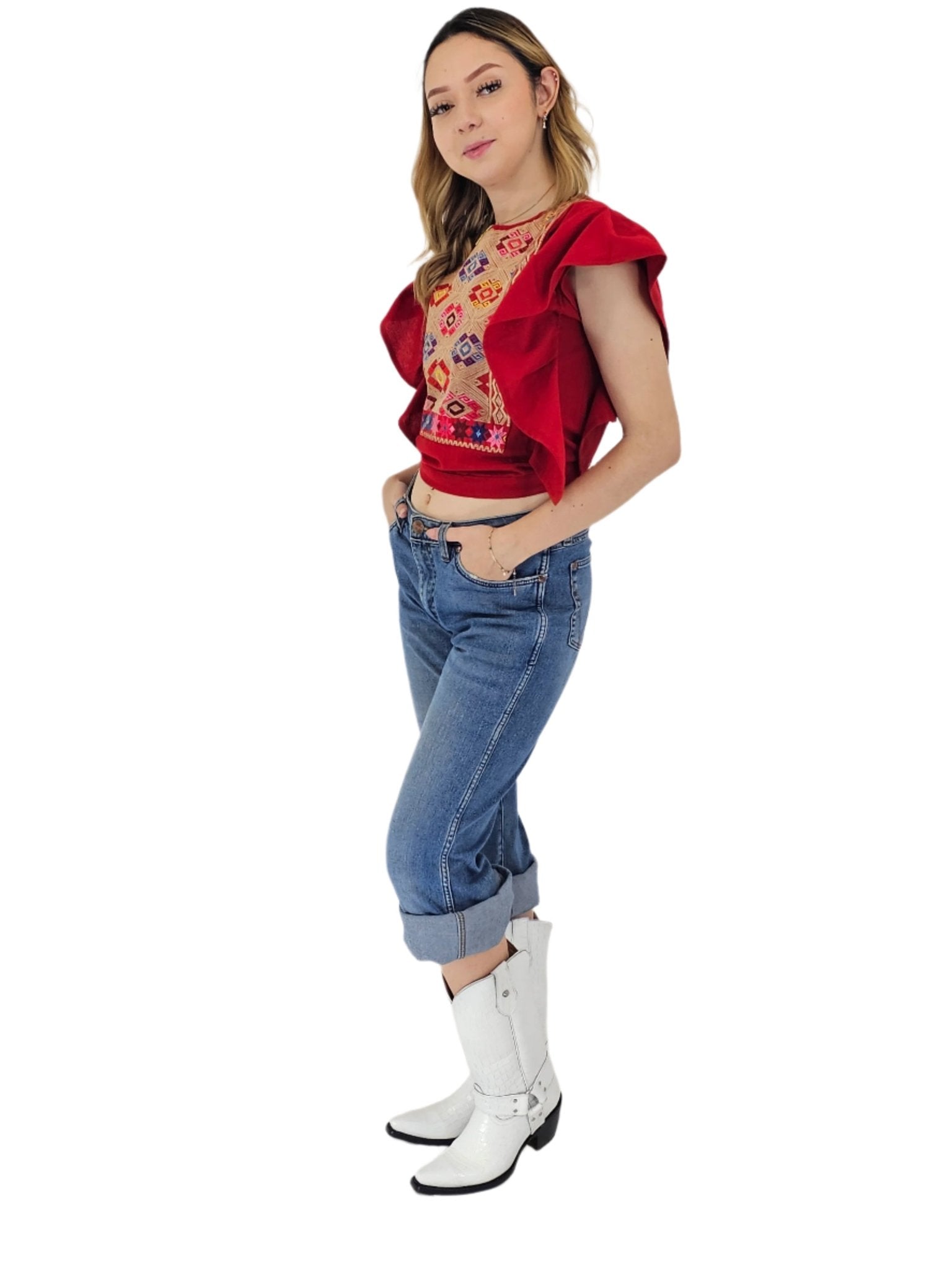 Red Ruffled Sleeve with Mexican Embroidered Chest & Adjustable Bow – Elegant & Feminine - Tenku Designs
