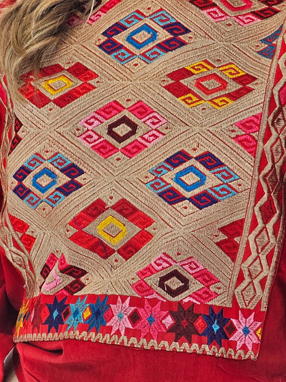 Red Ruffled Sleeve with Mexican Embroidered Chest & Adjustable Bow – Elegant & Feminine - Tenku Designs