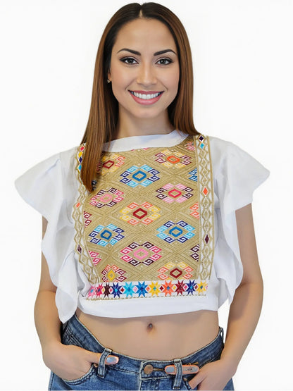 Red Ruffled Sleeve with Mexican Embroidered Chest & Adjustable Bow – Elegant & Feminine - Tenku Designs