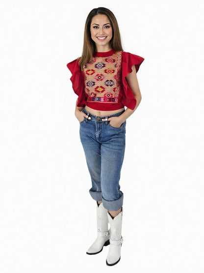 Red Ruffled Sleeve with Mexican Embroidered Chest & Adjustable Bow – Elegant & Feminine - Tenku Designs