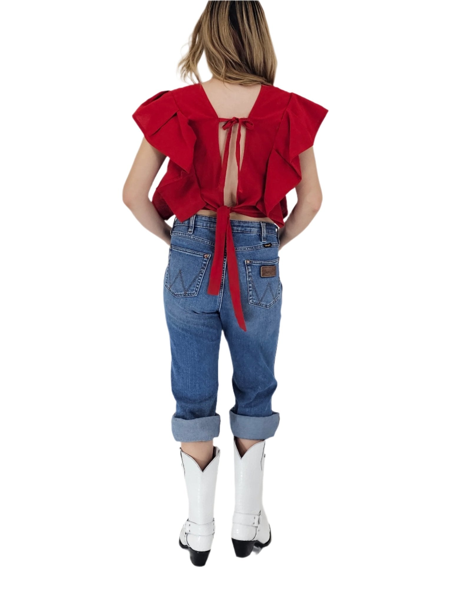 Red Ruffled Sleeve with Mexican Embroidered Chest & Adjustable Bow – Elegant & Feminine - Tenku Designs