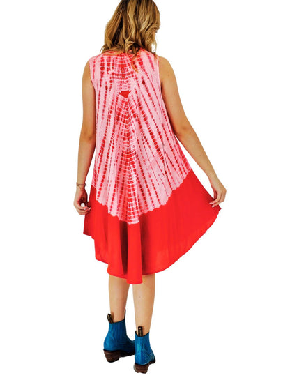Red Tie - Dye Sleeveless Boho Dress – Lightweight & Embroidered | Tenku Designs - Tenku Designs