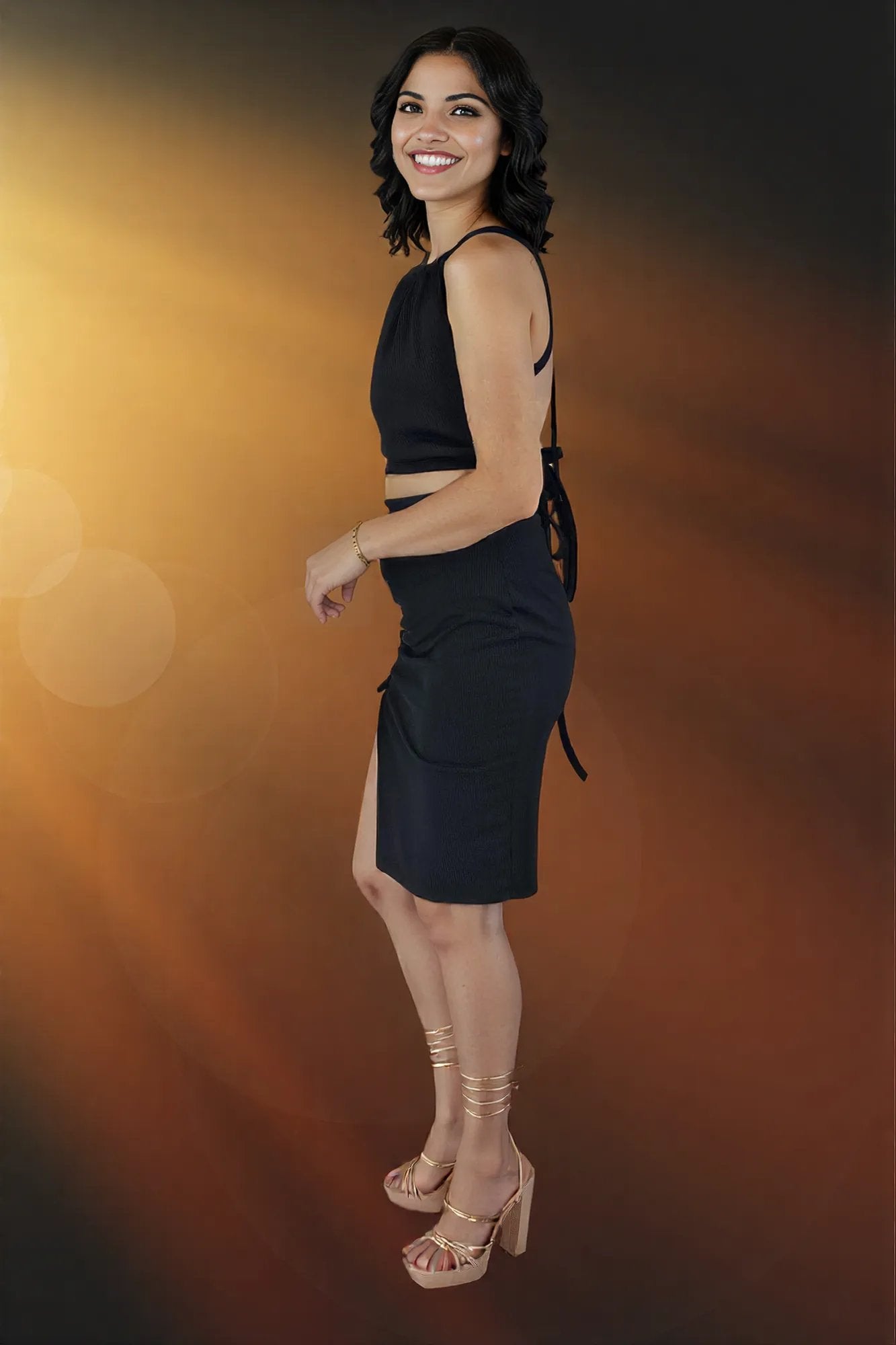 Ribbed Backless Drawstring Halter Top Black - Tenku Designs