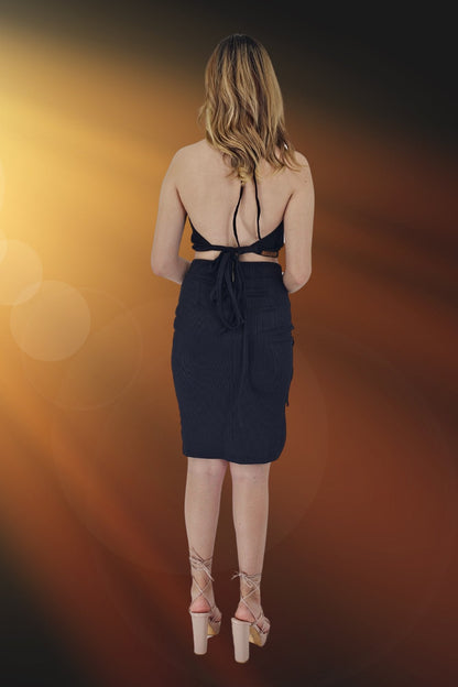 Ribbed Backless Drawstring Halter Top Black - Tenku Designs