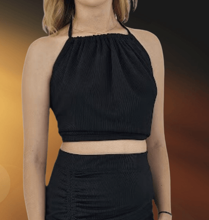 Ribbed Backless Drawstring Halter Top Black - Tenku Designs