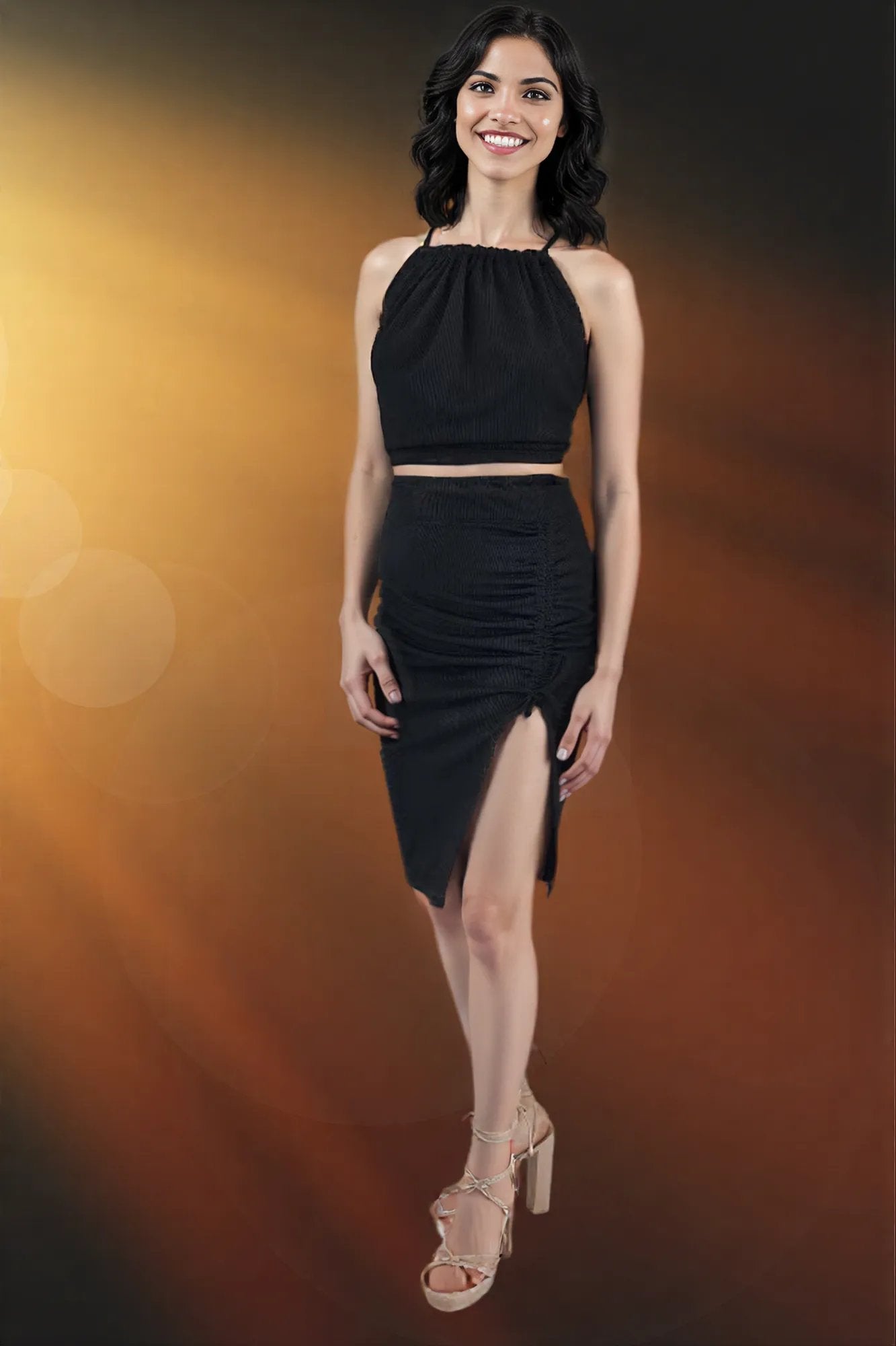 Ribbed Backless Drawstring Halter Top Black - Tenku Designs