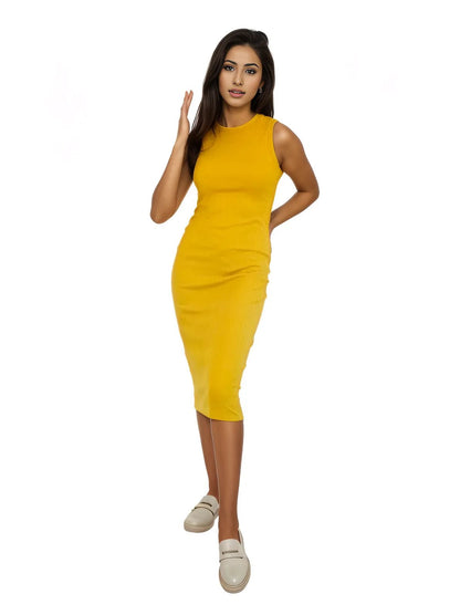 Ribbed Cotton Sleeveless Maxi Dress – Lightweight, Stretchy & Flattering Fit Mustard - Tenku Designs