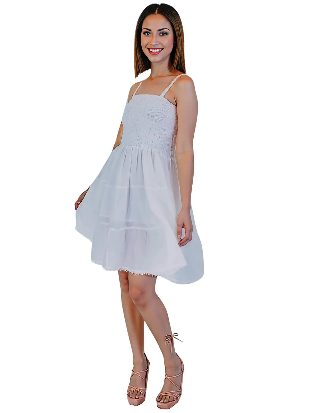White 100% Cotton Spaghetti Strap Dress – Smocked Fit | Tenku Designs