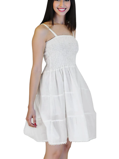 White 100% Cotton Spaghetti Strap Dress – Smocked Fit | Tenku Designs