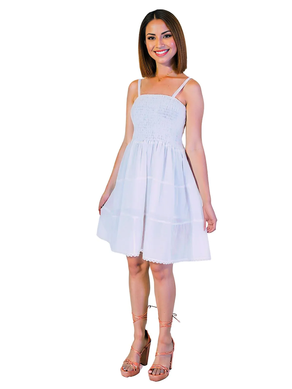 White 100% Cotton Spaghetti Strap Dress – Smocked Fit | Tenku Designs