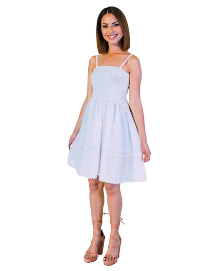 White 100% Cotton Spaghetti Strap Dress – Smocked Fit | Tenku Designs