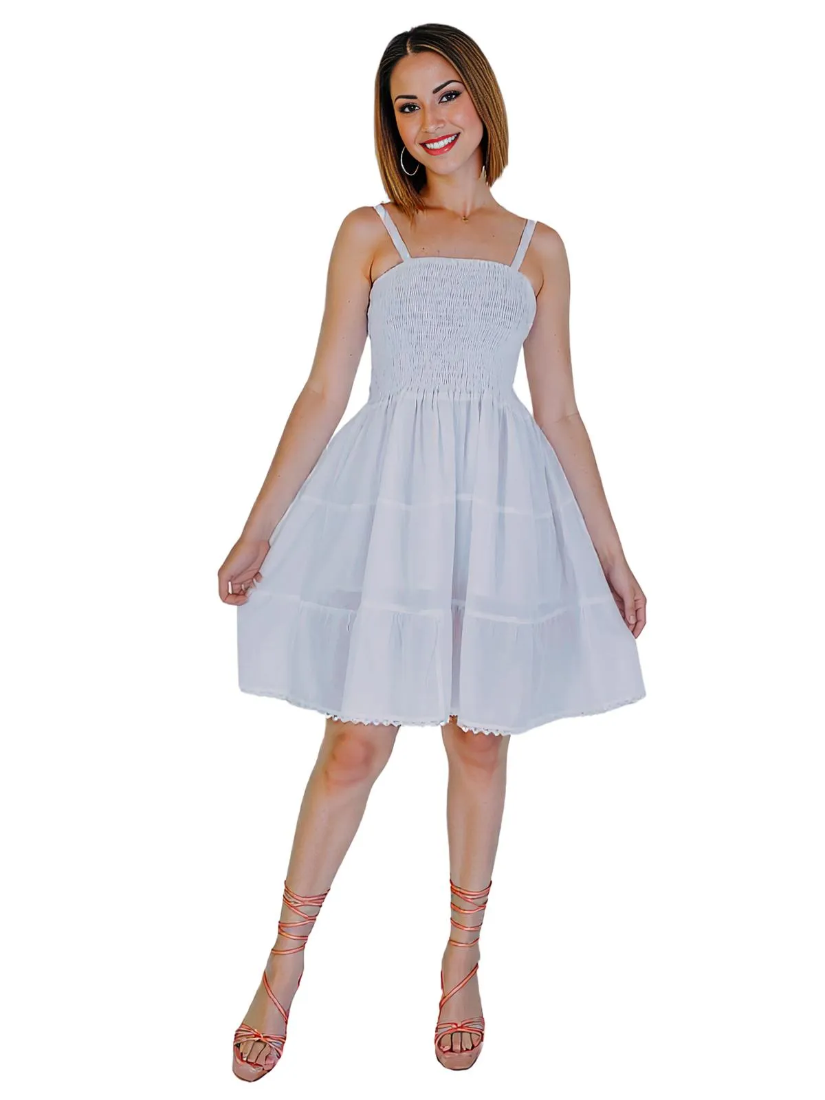 White 100% Cotton Spaghetti Strap Dress – Smocked Fit | Tenku Designs