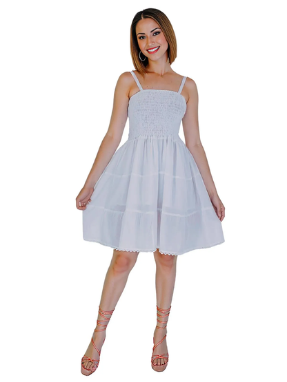 White 100% Cotton Spaghetti Strap Dress – Smocked Fit | Tenku Designs