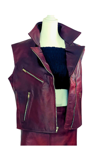 Sheepsking Leather Biker Vest in Wine - Tenku Designs