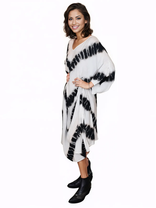 White/Black Hand - Dyed Tie - Dye Maxi Kaftan Dress – Boho Chic, Flowy and Comfortable - Tenku Designs