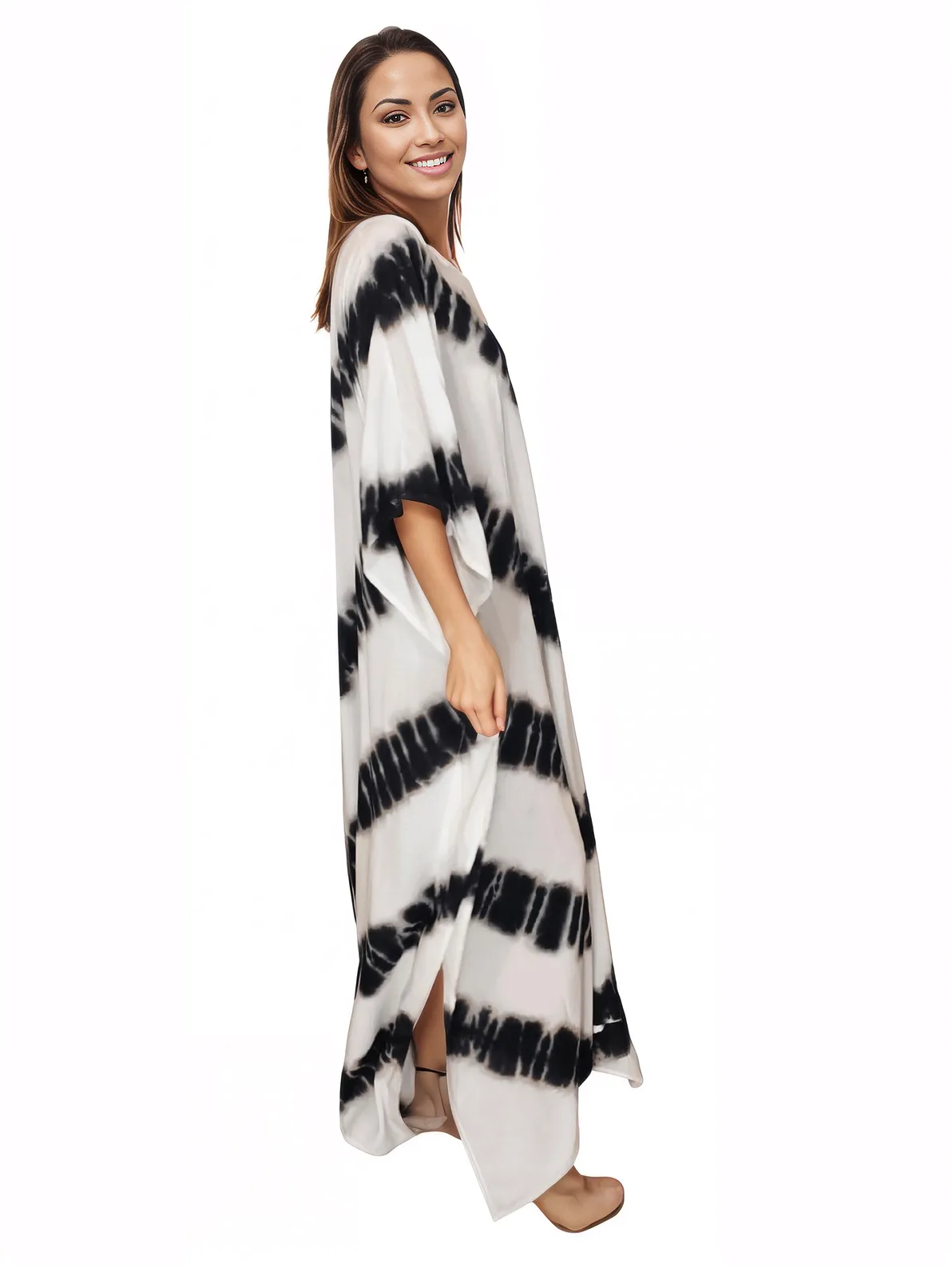 White/Black Hand - Dyed Tie - Dye Maxi Kaftan Dress – Boho Chic, Flowy and Comfortable - Tenku Designs
