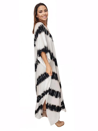 White/Black Hand - Dyed Tie - Dye Maxi Kaftan Dress – Boho Chic, Flowy and Comfortable - Tenku Designs