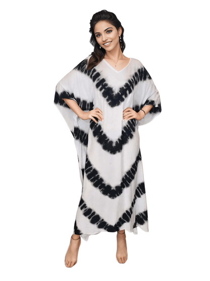White/Black Hand - Dyed Tie - Dye Maxi Kaftan Dress – Boho Chic, Flowy and Comfortable - Tenku Designs