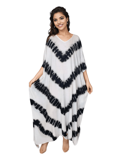 White/Black Hand - Dyed Tie - Dye Maxi Kaftan Dress – Boho Chic, Flowy and Comfortable - Tenku Designs