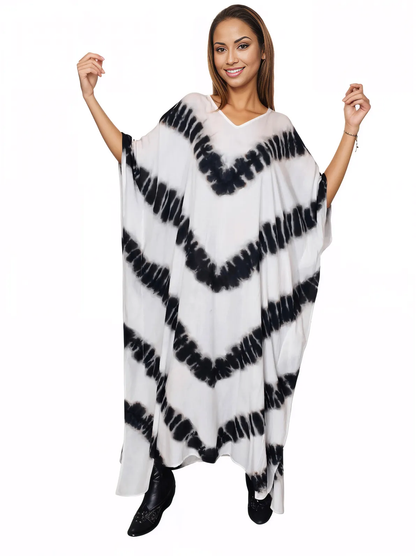 White/Black Hand - Dyed Tie - Dye Maxi Kaftan Dress – Boho Chic, Flowy and Comfortable - Tenku Designs