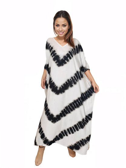 White/Black Hand - Dyed Tie - Dye Maxi Kaftan Dress – Boho Chic, Flowy and Comfortable - Tenku Designs