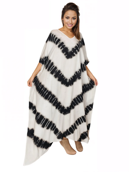 White/Black Hand - Dyed Tie - Dye Maxi Kaftan Dress – Boho Chic, Flowy and Comfortable - Tenku Designs