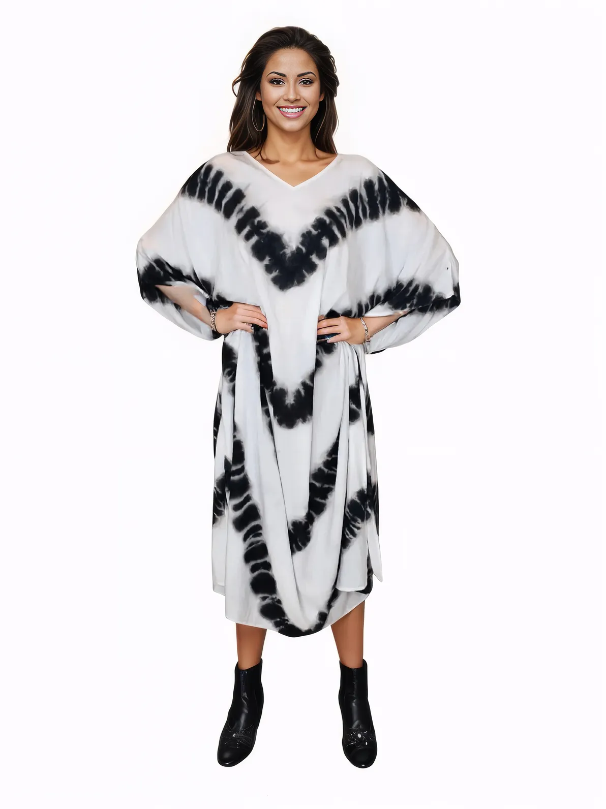 White/Black Hand - Dyed Tie - Dye Maxi Kaftan Dress – Boho Chic, Flowy and Comfortable - Tenku Designs