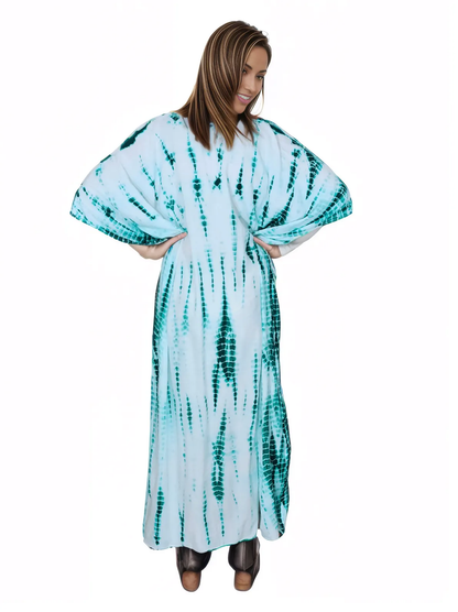 White/Green Hand - Dyed Tie - Dye Maxi Kaftan Dress – Boho Chic, Flowy and Comfortable - Tenku Designs
