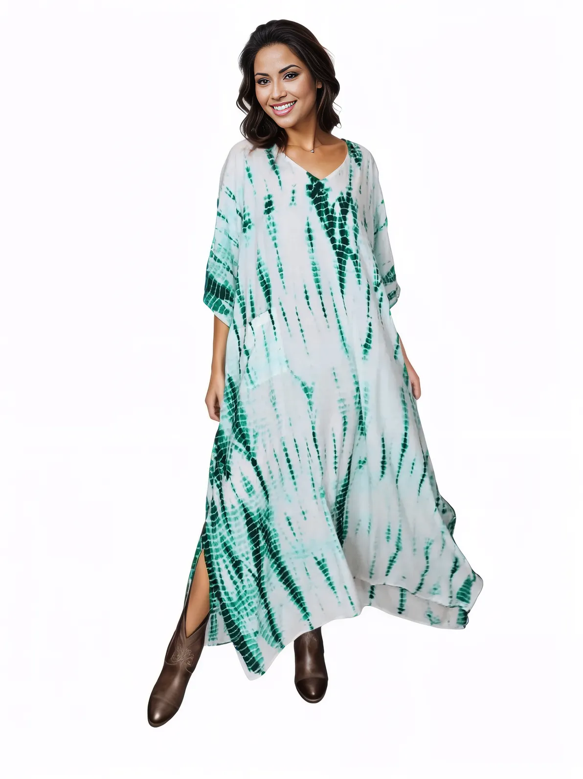 White/Green Hand - Dyed Tie - Dye Maxi Kaftan Dress – Boho Chic, Flowy and Comfortable - Tenku Designs