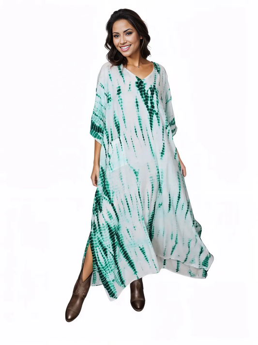 White/Green Hand - Dyed Tie - Dye Maxi Kaftan Dress – Boho Chic, Flowy and Comfortable - Tenku Designs