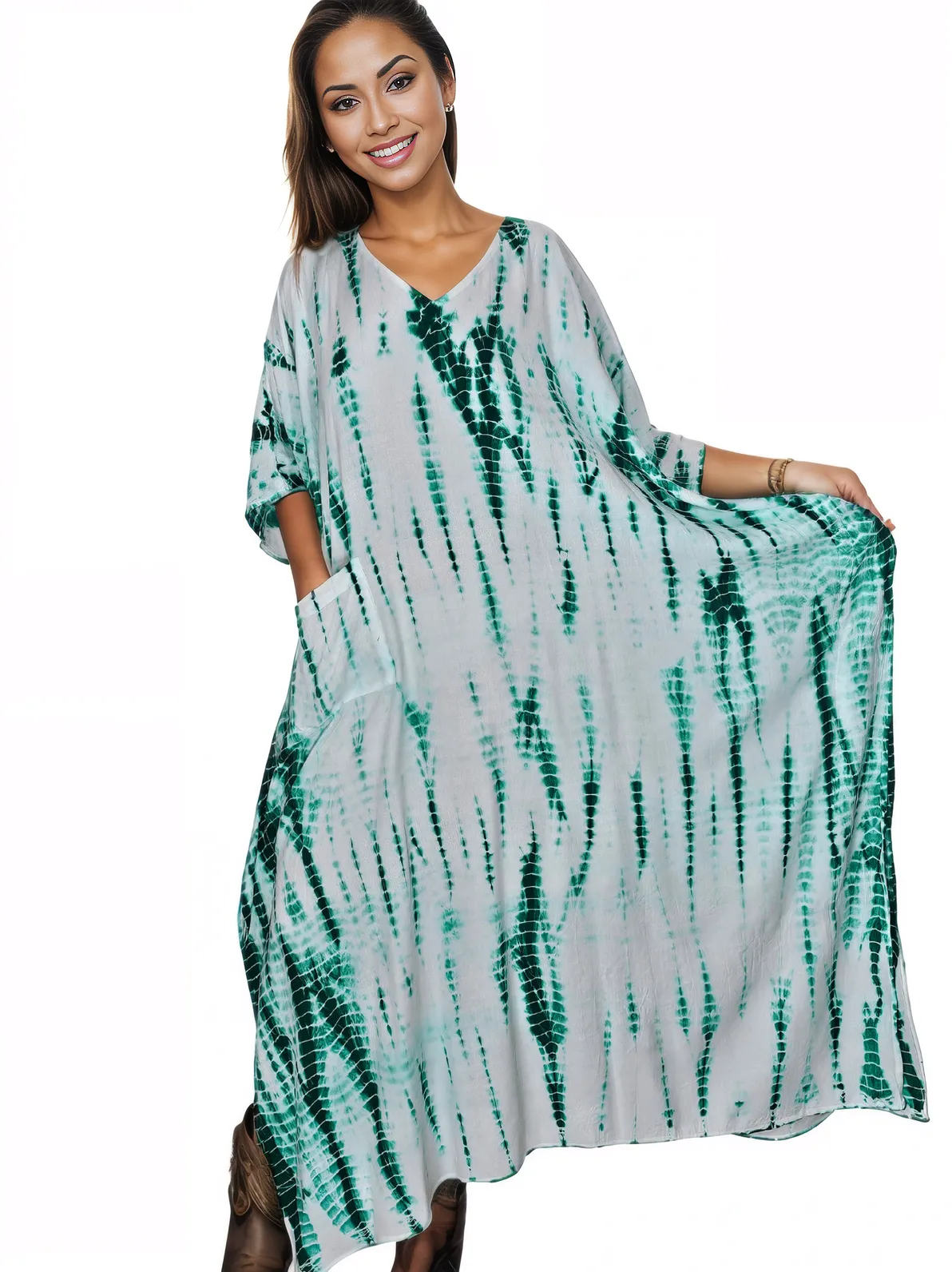 White/Green Hand - Dyed Tie - Dye Maxi Kaftan Dress – Boho Chic, Flowy and Comfortable - Tenku Designs