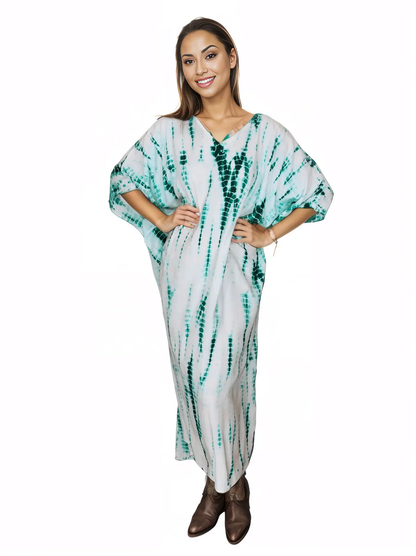 White/Green Hand - Dyed Tie - Dye Maxi Kaftan Dress – Boho Chic, Flowy and Comfortable - Tenku Designs