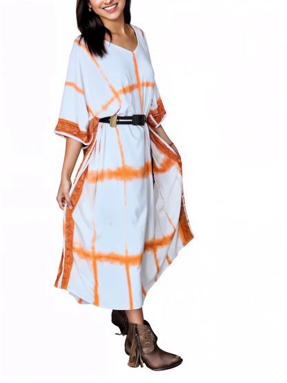 White/Orange Hand - Dyed Tie - Dye Maxi Kaftan Dress – Boho Chic, Flowy and Comfortable - Tenku Designs