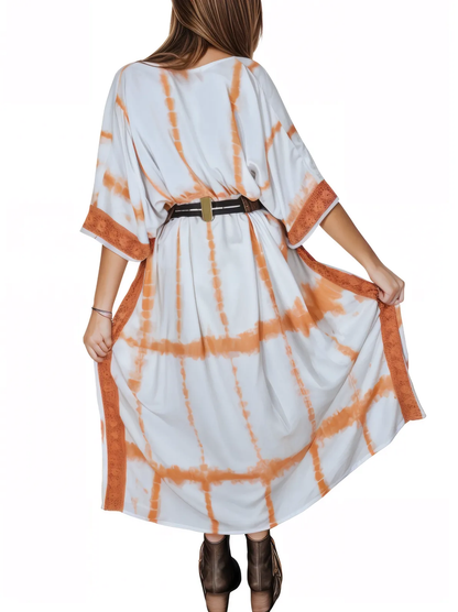 White/Orange Hand - Dyed Tie - Dye Maxi Kaftan Dress – Boho Chic, Flowy and Comfortable - Tenku Designs