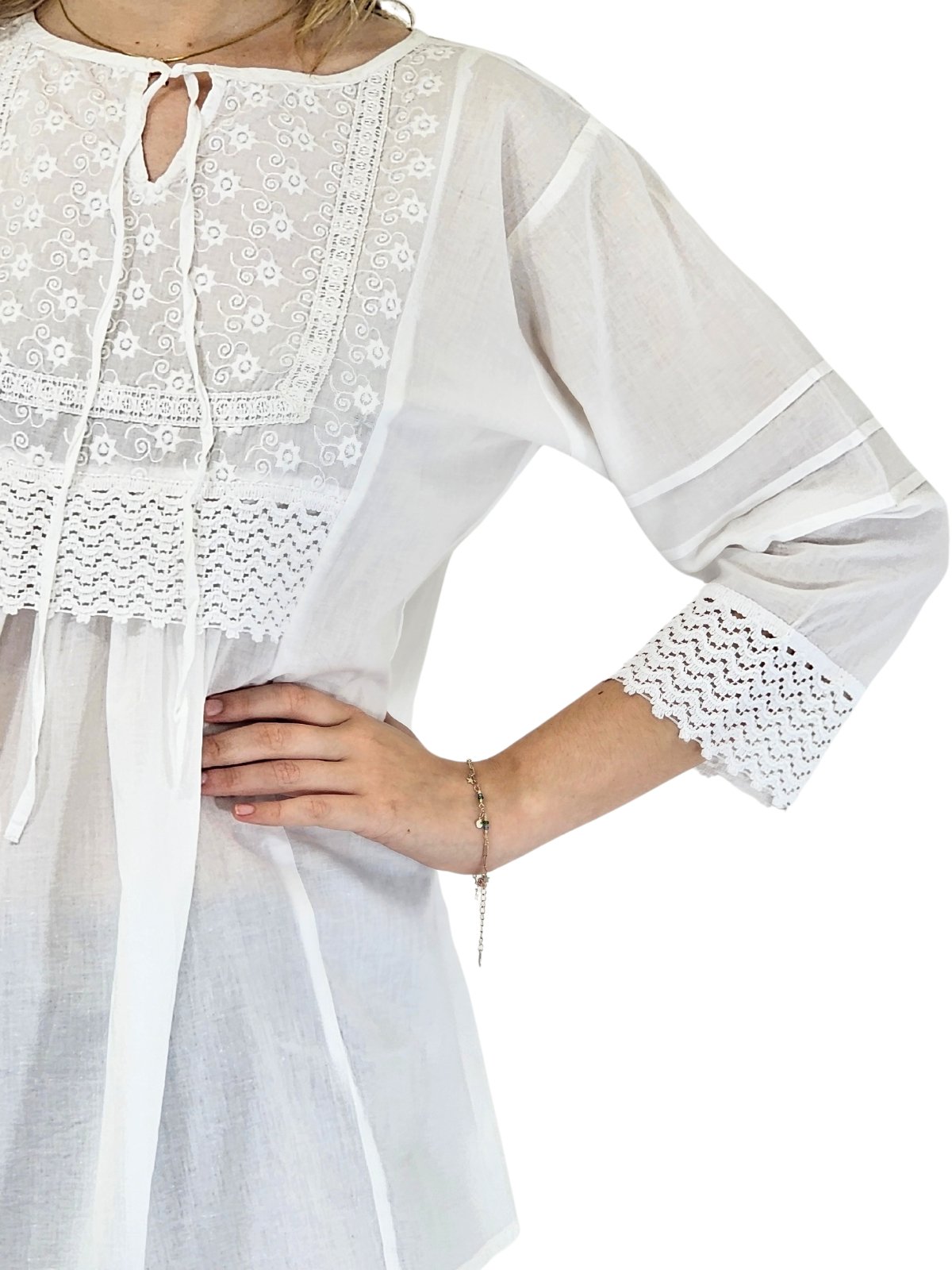 Woman's Lace Detail 100% Cotton White Blouse - Tenku Designs