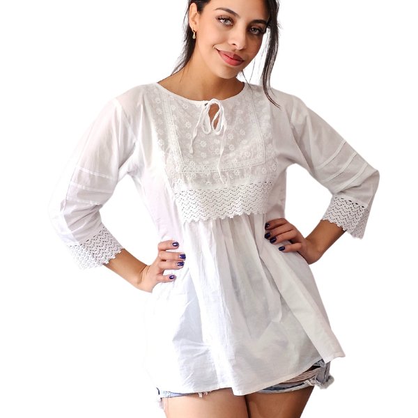 Woman's Lace Detail 100% Cotton White Blouse - Tenku Designs
