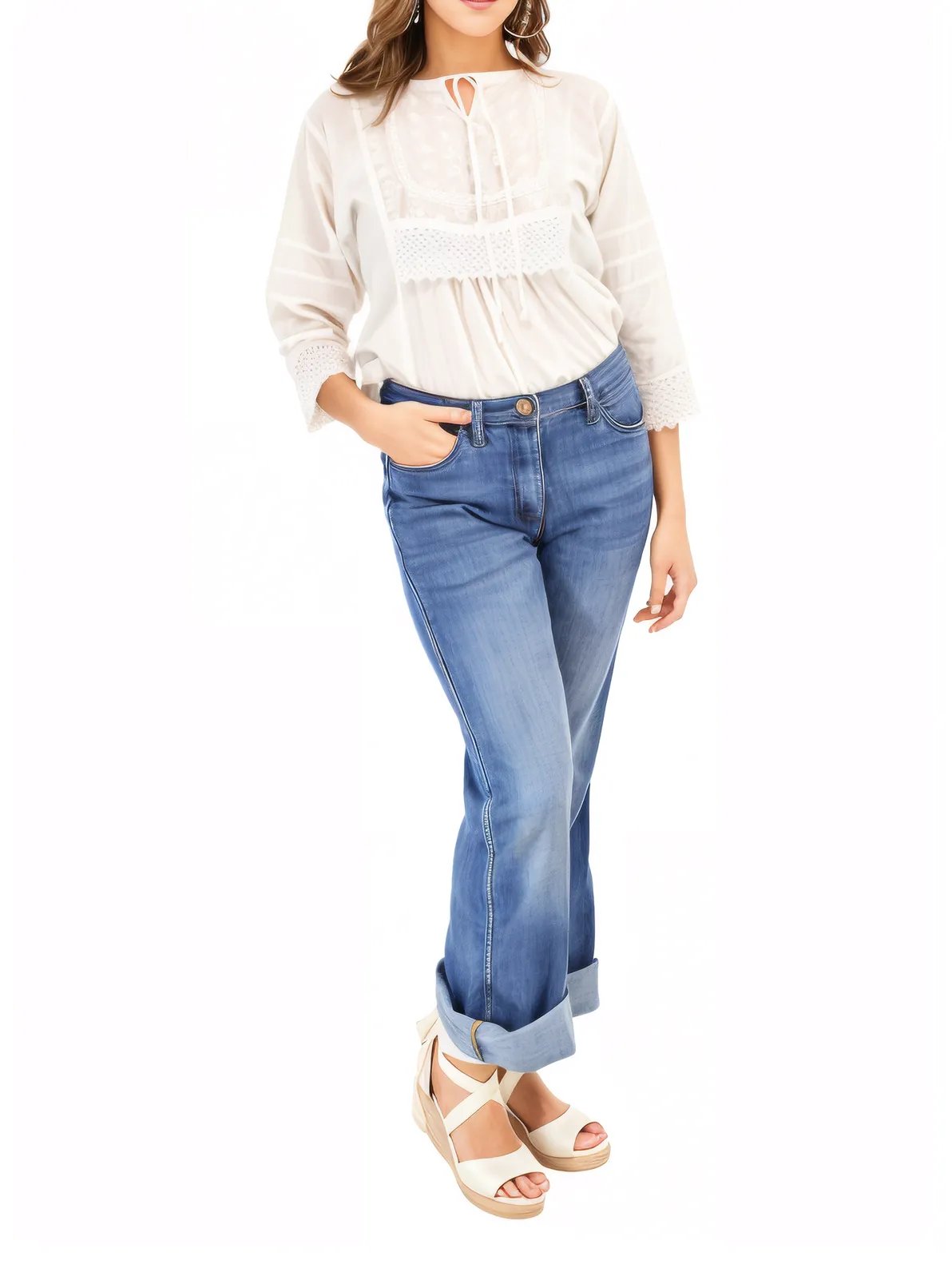 Woman's Lace Detail 100% Cotton White Blouse - Tenku Designs