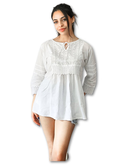 Woman's Lace Detail 100% Cotton White Blouse - Tenku Designs