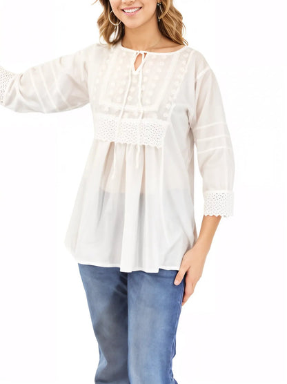 Woman's Lace Detail 100% Cotton White Blouse - Tenku Designs