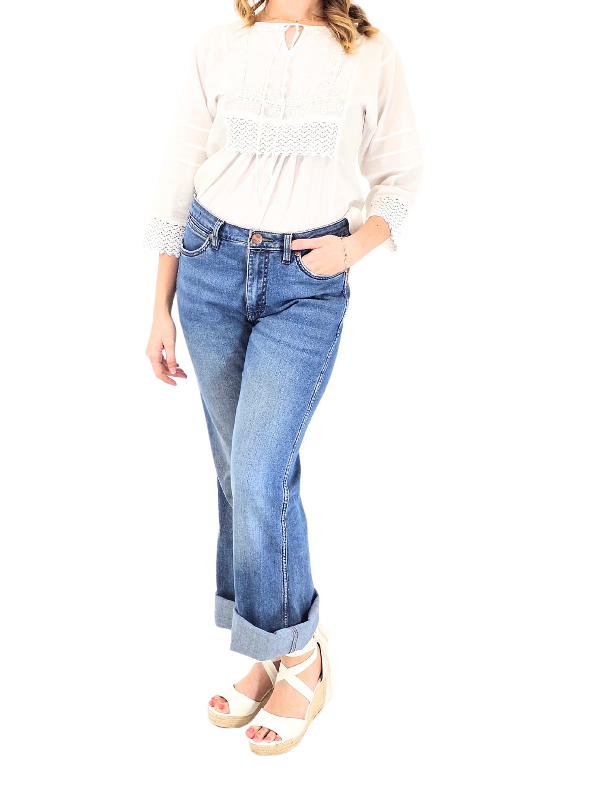 Woman's Lace Detail 100% Cotton White Blouse - Tenku Designs