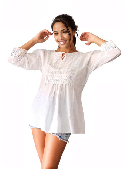 Woman's Lace Detail 100% Cotton White Blouse - Tenku Designs