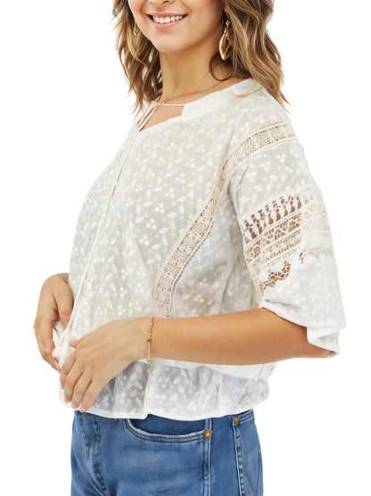 Woman's lace detail 100% Cotton White Top - Tenku Designs