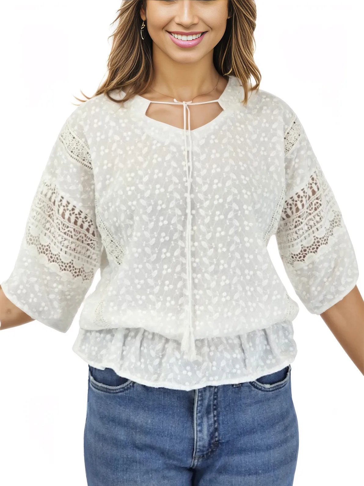 Woman's lace detail 100% Cotton White Top - Tenku Designs